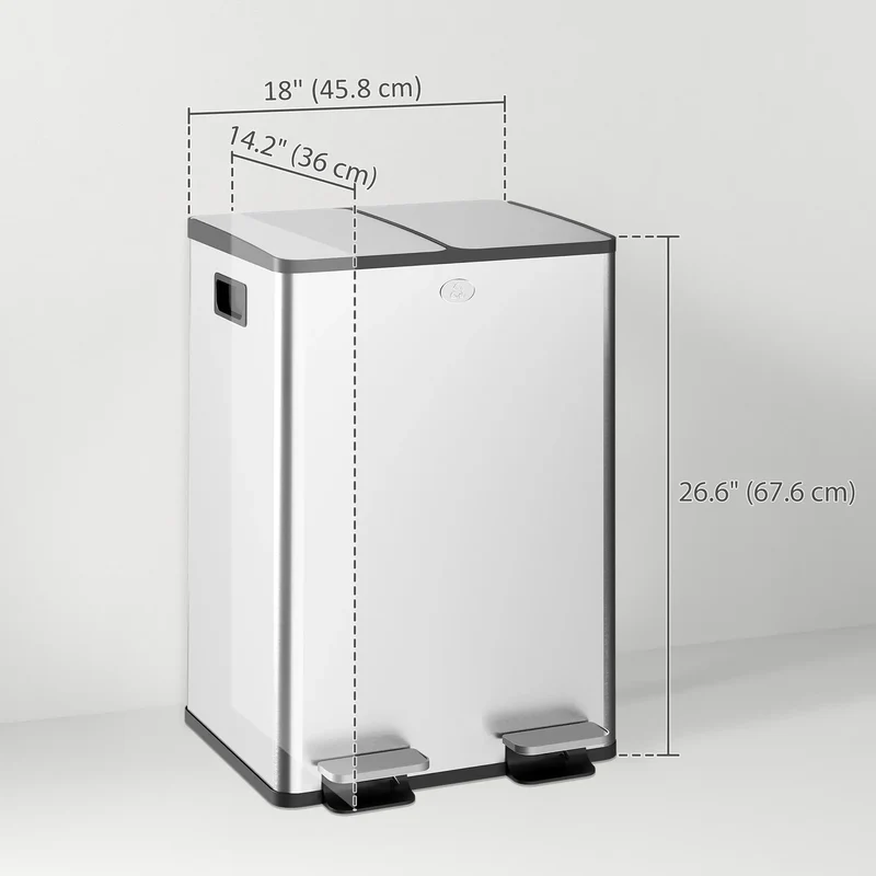Dual Garbage Bin with Foot Pedal, 2 x 28 Litre, Silver