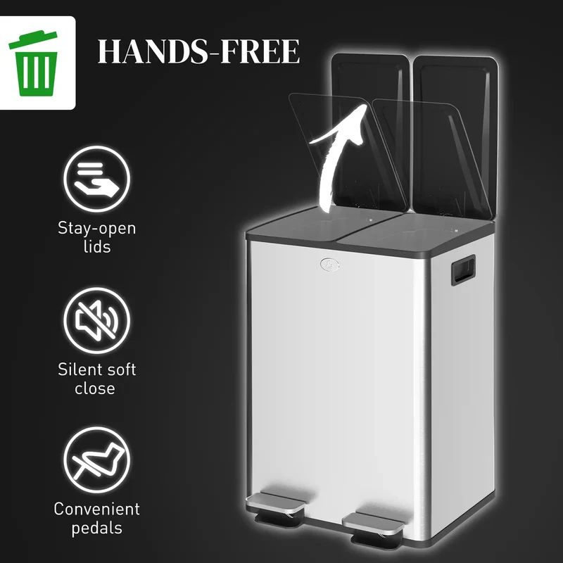 Dual Garbage Bin with Foot Pedal, 2 x 28 Litre, Silver
