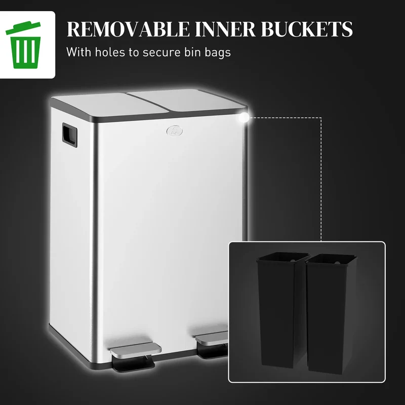 Dual Garbage Bin with Foot Pedal, 2 x 28 Litre, Silver