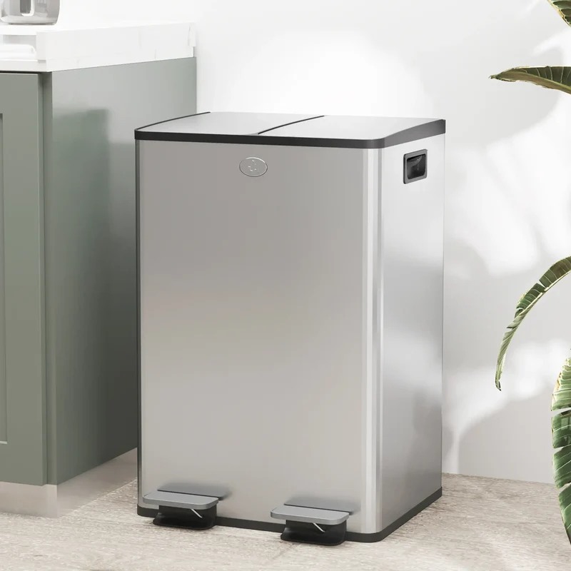 Dual Garbage Bin with Foot Pedal, 2 x 28 Litre, Silver