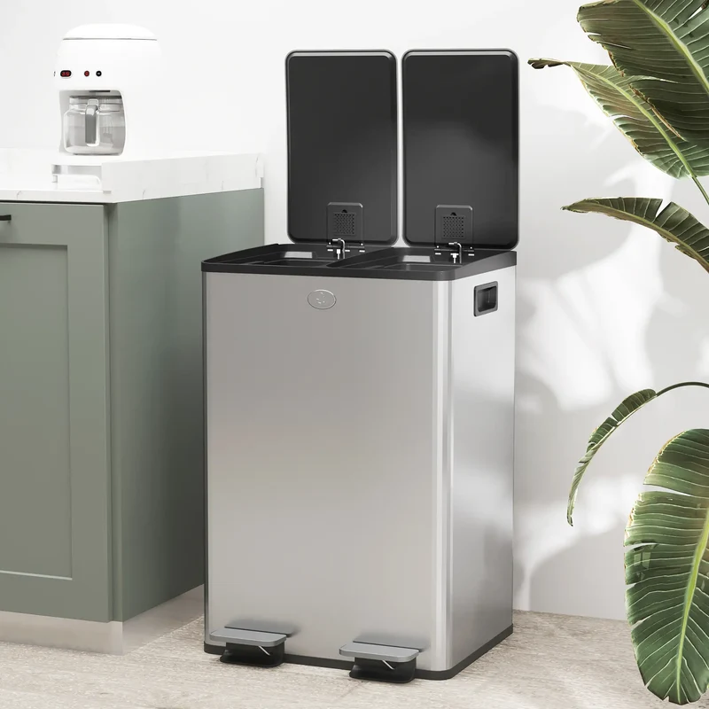 Dual Garbage Bin with Foot Pedal, 2 x 28 Litre, Silver