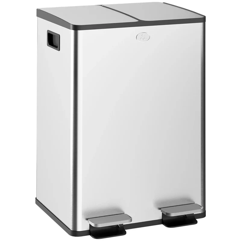 Dual Garbage Bin with Foot Pedal, 2 x 28 Litre, Silver