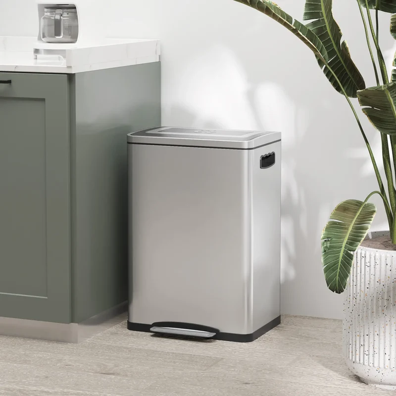 2 x 20 Liter Garbage Bin, Stainless Steel, Soft-Close Lid, Removable Bucket, Silver