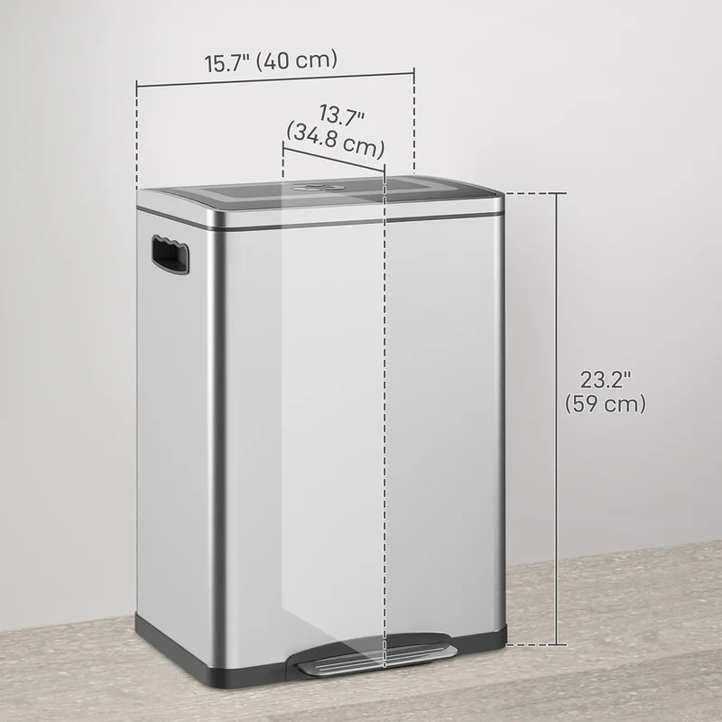 2 x 20 Liter Garbage Bin, Stainless Steel, Soft-Close Lid, Removable Bucket, Silver