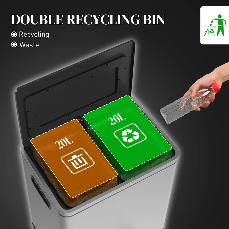 2 x 20 Liter Garbage Bin, Stainless Steel, Soft-Close Lid, Removable Bucket, Silver