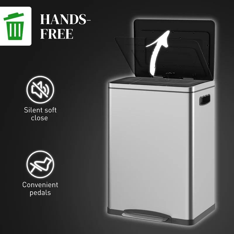 2 x 20 Liter Garbage Bin, Stainless Steel, Soft-Close Lid, Removable Bucket, Silver