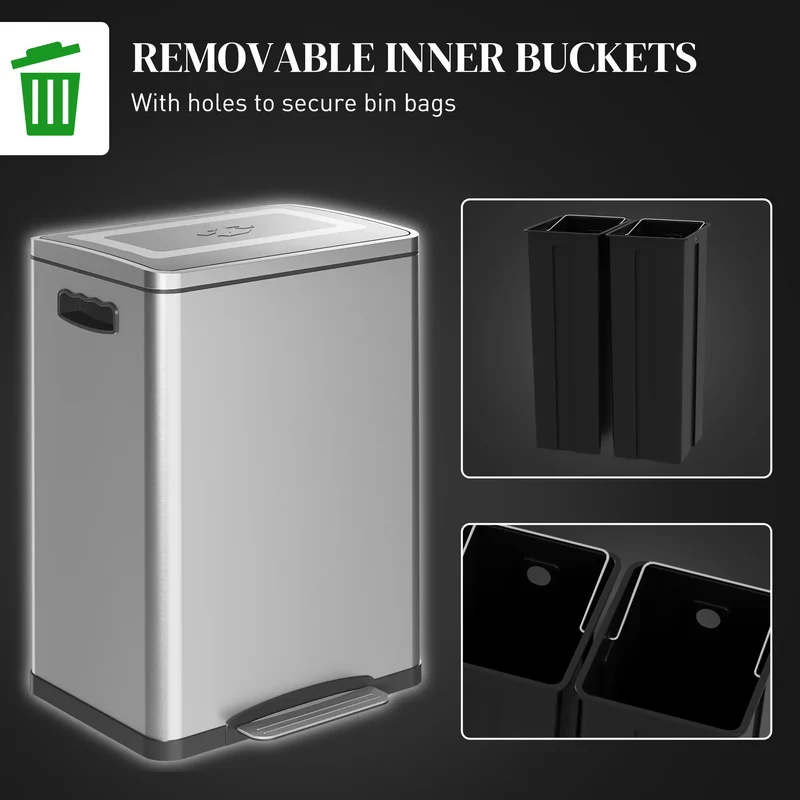2 x 20 Liter Garbage Bin, Stainless Steel, Soft-Close Lid, Removable Bucket, Silver