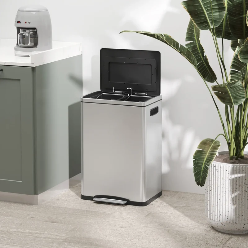 2 x 20 Liter Garbage Bin, Stainless Steel, Soft-Close Lid, Removable Bucket, Silver