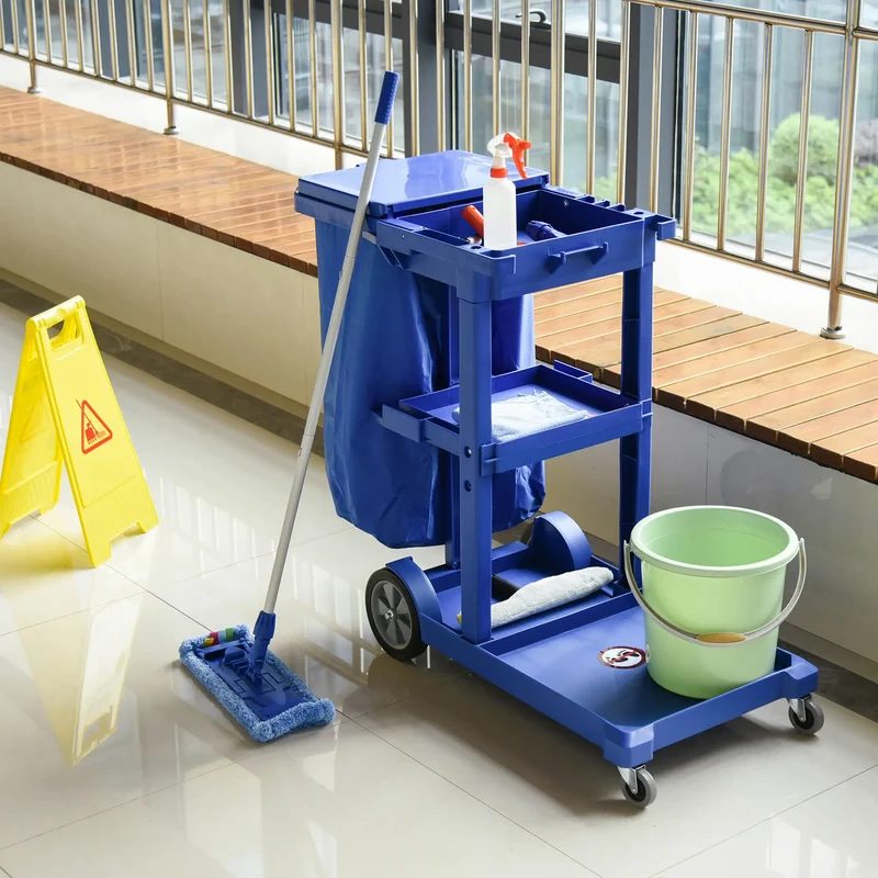 Commercial Janitorial Cart, 3 Tier Shelves, Cleaning Trolley, Rubbish Bag, Mop Mount, Blue