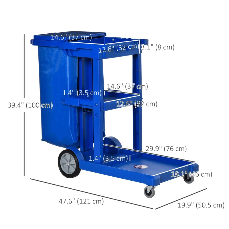 Commercial Janitorial Cart, 3 Tier Shelves, Cleaning Trolley, Rubbish Bag, Mop Mount, Blue