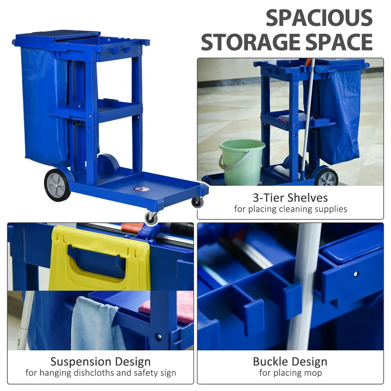 Commercial Janitorial Cart, 3 Tier Shelves, Cleaning Trolley, Rubbish Bag, Mop Mount, Blue