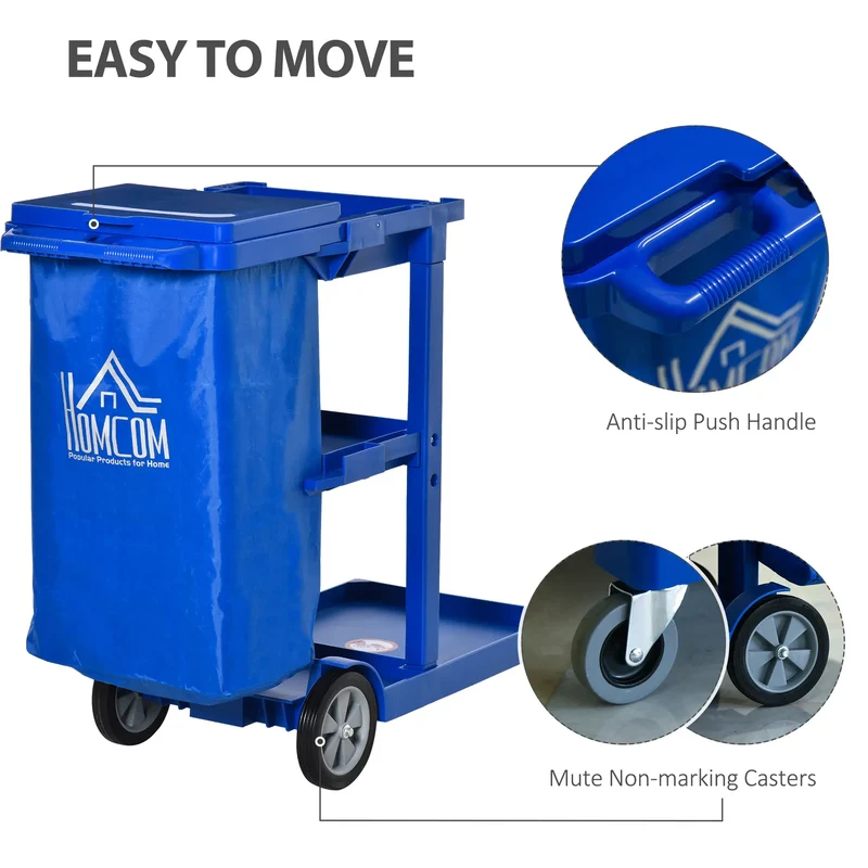 Commercial Janitorial Cart, 3 Tier Shelves, Cleaning Trolley, Rubbish Bag, Mop Mount, Blue