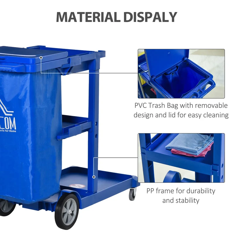 Commercial Janitorial Cart, 3 Tier Shelves, Cleaning Trolley, Rubbish Bag, Mop Mount, Blue