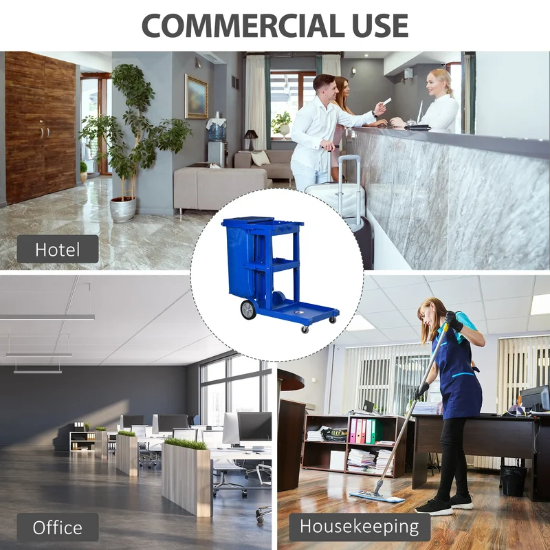 Commercial Janitorial Cart, 3 Tier Shelves, Cleaning Trolley, Rubbish Bag, Mop Mount, Blue