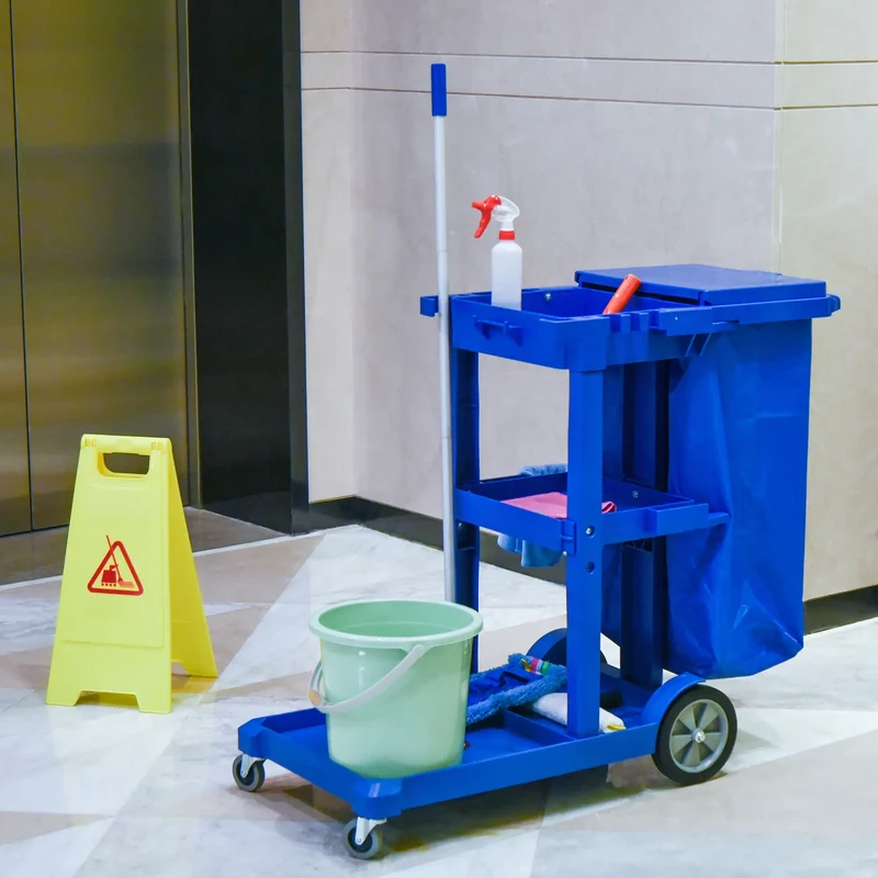 Commercial Janitorial Cart, 3 Tier Shelves, Cleaning Trolley, Rubbish Bag, Mop Mount, Blue