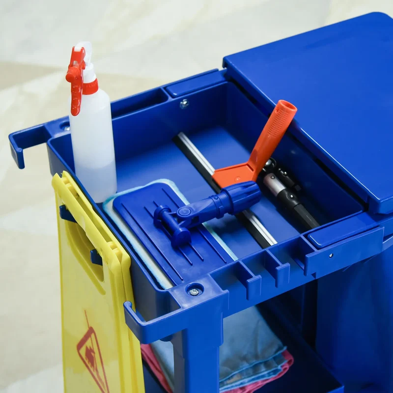 Commercial Janitorial Cart, 3 Tier Shelves, Cleaning Trolley, Rubbish Bag, Mop Mount, Blue