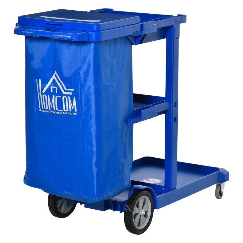Commercial Janitorial Cart, 3 Tier Shelves, Cleaning Trolley, Rubbish Bag, Mop Mount, Blue