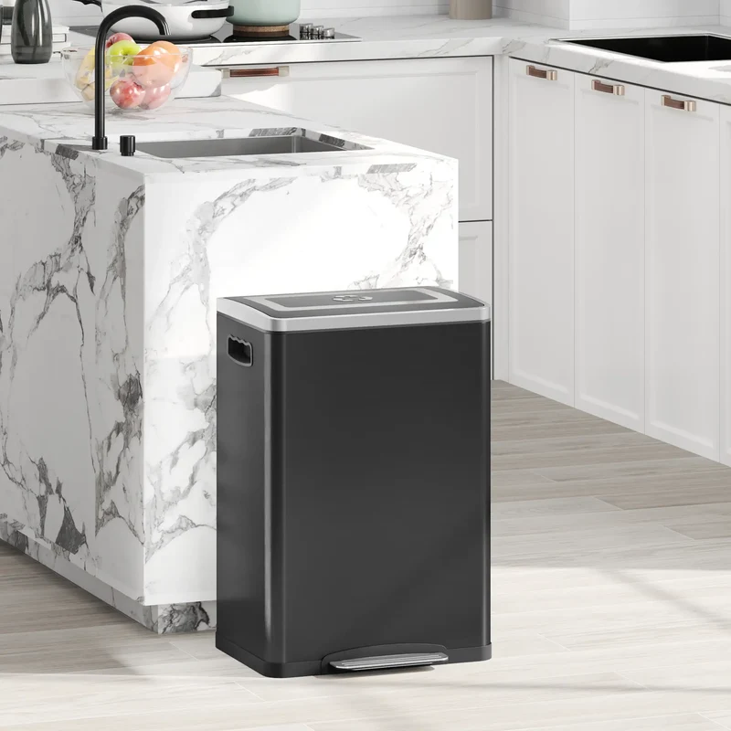 20 Liter Garbage Bin, Stainless Steel, Soft-Close Lid, Removable Bucket, Black