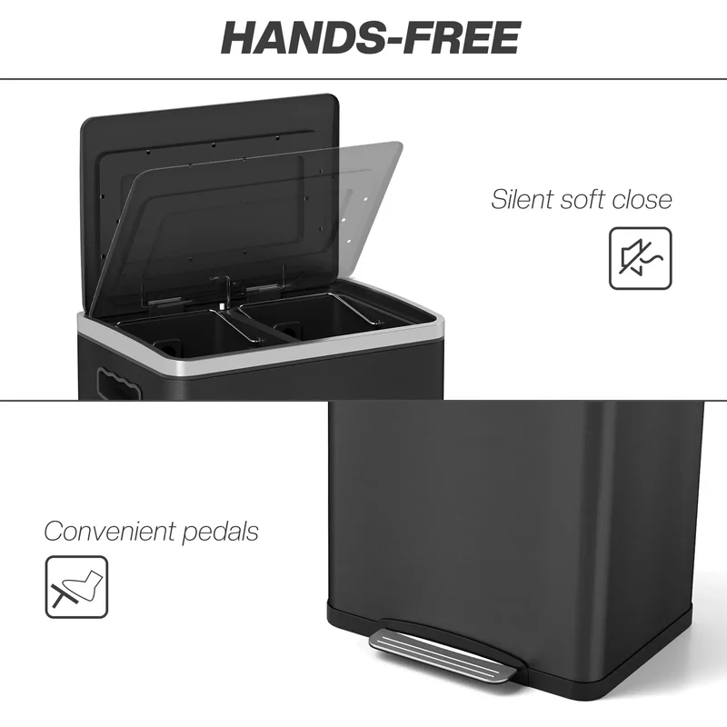 20 Liter Garbage Bin, Stainless Steel, Soft-Close Lid, Removable Bucket, Black