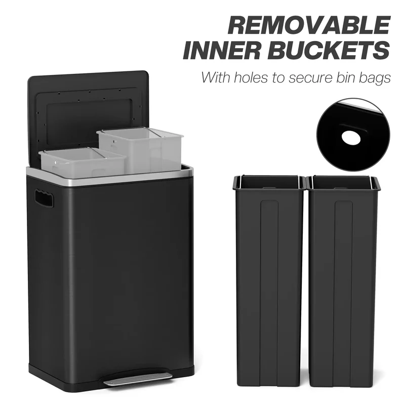 20 Liter Garbage Bin, Stainless Steel, Soft-Close Lid, Removable Bucket, Black