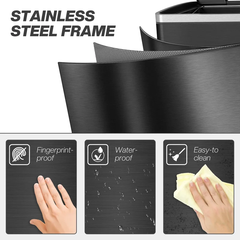 20 Liter Garbage Bin, Stainless Steel, Soft-Close Lid, Removable Bucket, Black
