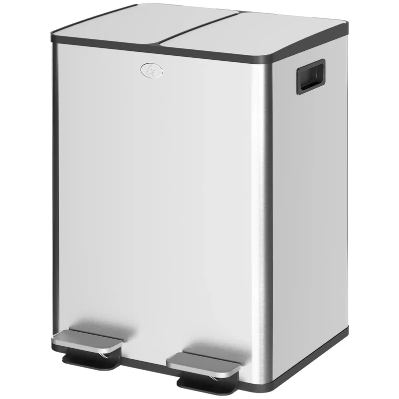 Dual Garbage Bin, Soft Close Trash Can, 2 x 20 Liter, Silver