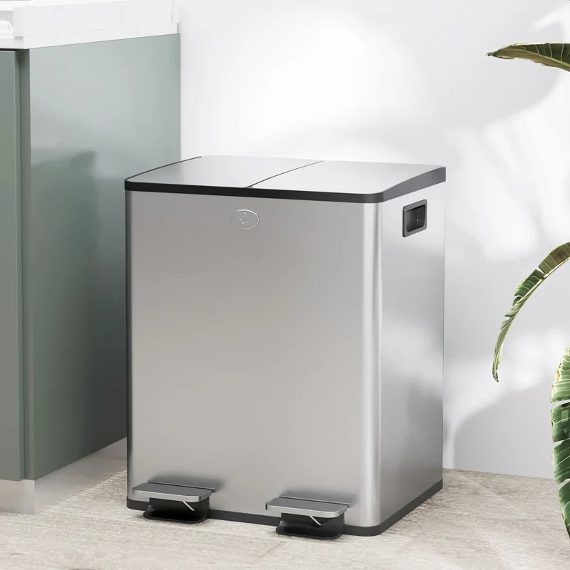 Dual Garbage Bin, Soft Close Trash Can, 2 x 20 Liter, Silver