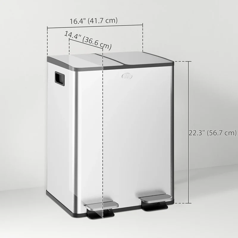 Dual Garbage Bin, Soft Close Trash Can, 2 x 20 Liter, Silver