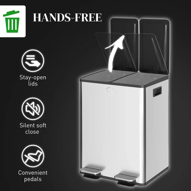 Dual Garbage Bin, Soft Close Trash Can, 2 x 20 Liter, Silver