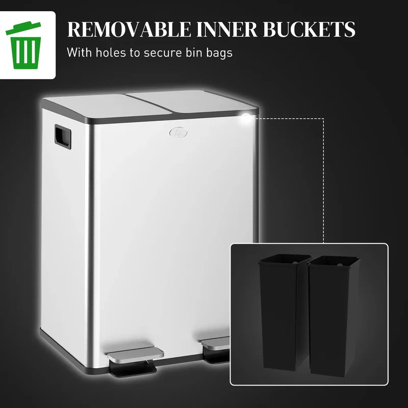 Dual Garbage Bin, Soft Close Trash Can, 2 x 20 Liter, Silver