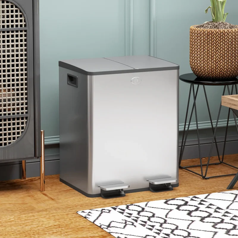 Dual Garbage Bin, Soft Close Trash Can, 2 x 20 Liter, Silver