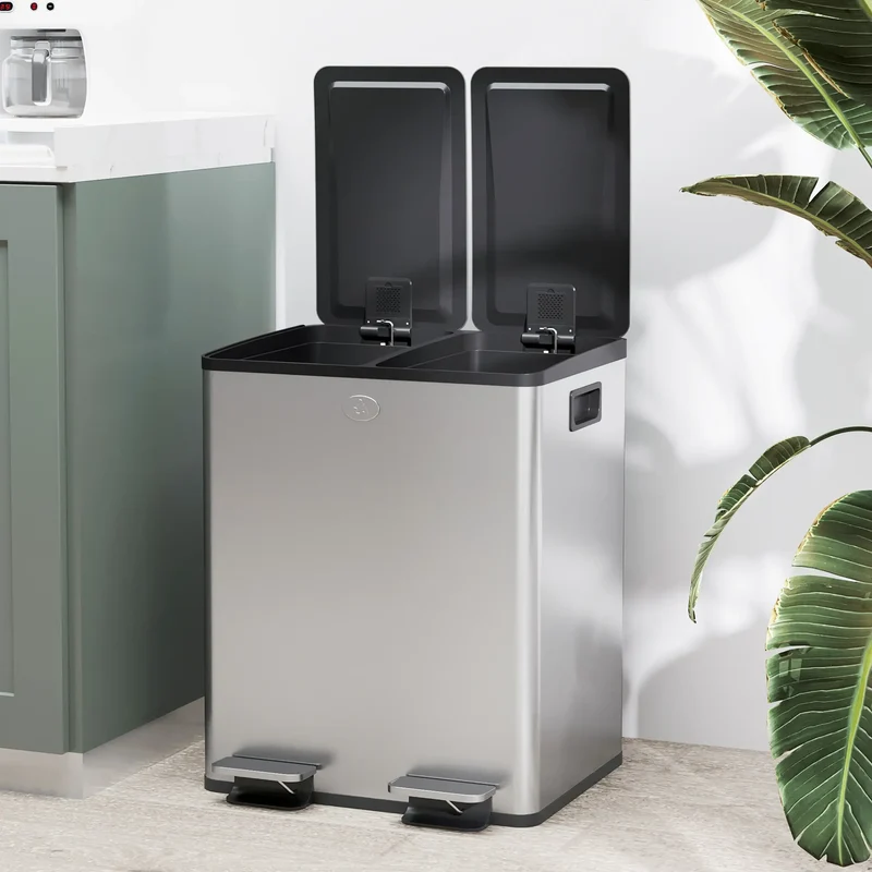 Dual Garbage Bin, Soft Close Trash Can, 2 x 20 Liter, Silver