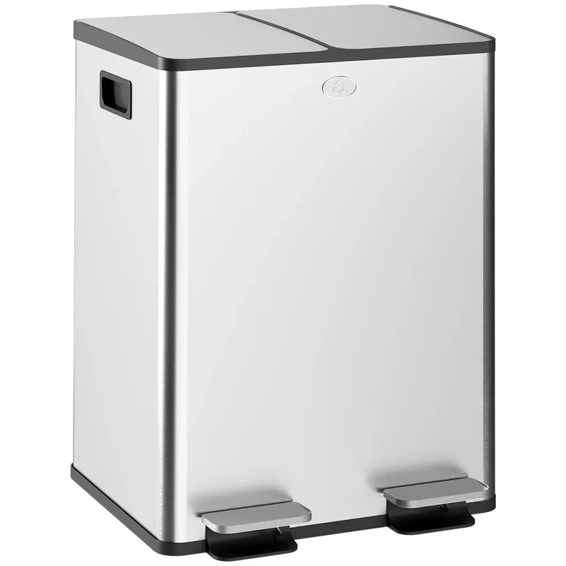Dual Garbage Bin, Soft Close Trash Can, 2 x 20 Liter, Silver