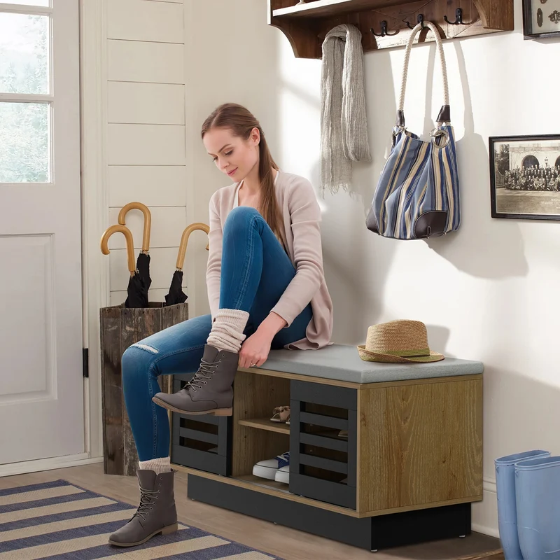 Shoe Bench, 6 Storage Compartments, 3 Adjustable Shelves, Natural
