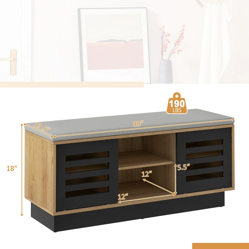 Shoe Bench, 6 Storage Compartments, 3 Adjustable Shelves, Natural