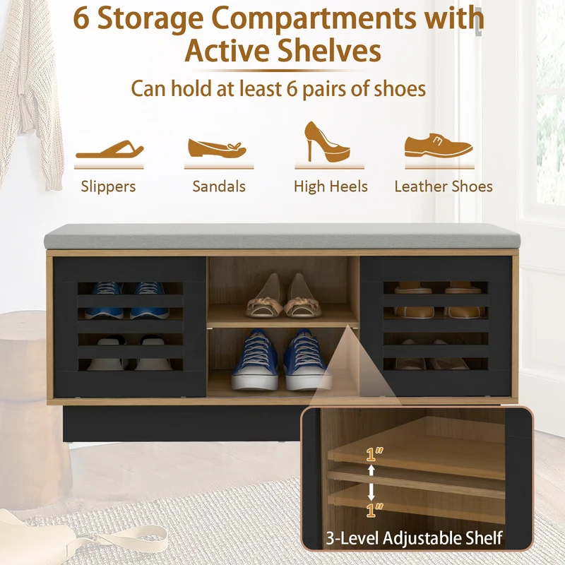 Shoe Bench, 6 Storage Compartments, 3 Adjustable Shelves, Natural