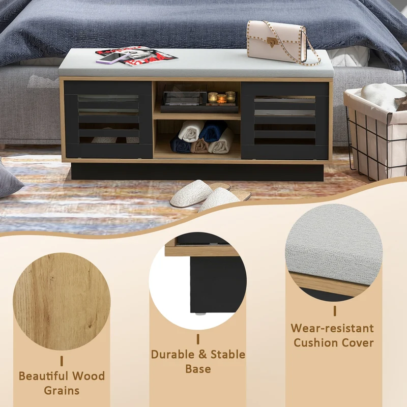 Shoe Bench, 6 Storage Compartments, 3 Adjustable Shelves, Natural