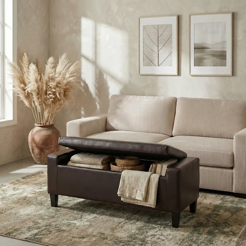 Storage Ottoman Bench, PU Leather, Tufted Design, Brown