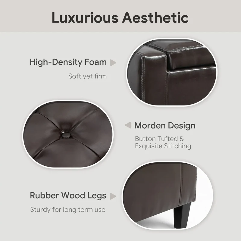 Storage Ottoman Bench, PU Leather, Tufted Design, Brown