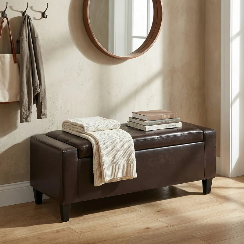 Storage Ottoman Bench, PU Leather, Tufted Design, Brown