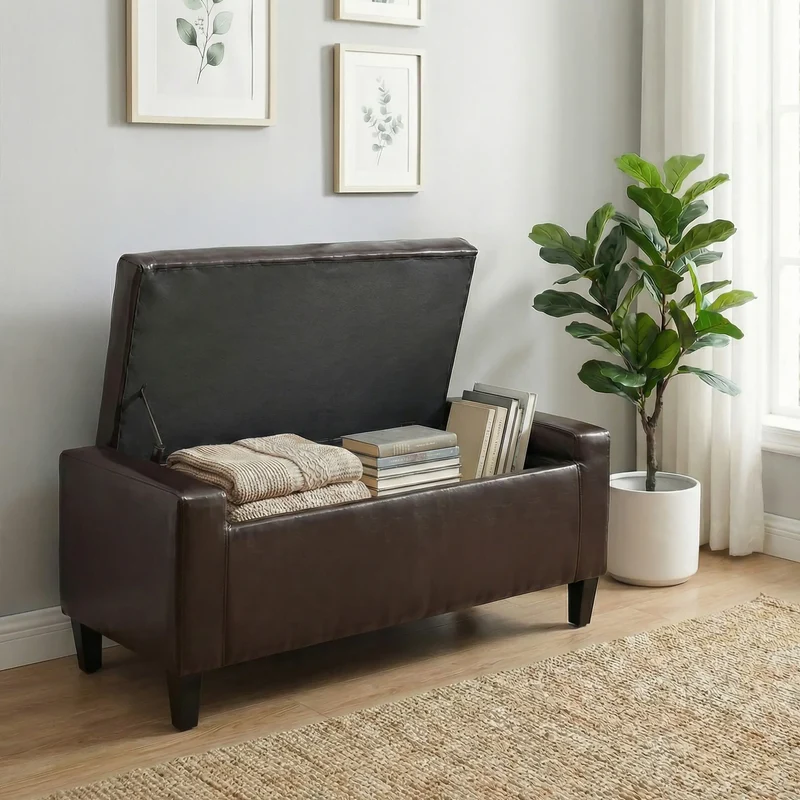 Storage Ottoman Bench, PU Leather, Tufted Design, Brown