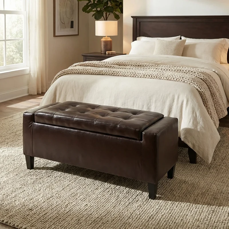 Storage Ottoman Bench, PU Leather, Tufted Design, Brown