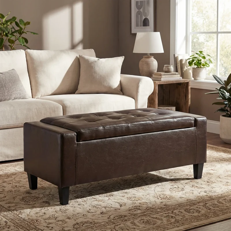 Storage Ottoman Bench, PU Leather, Tufted Design, Brown