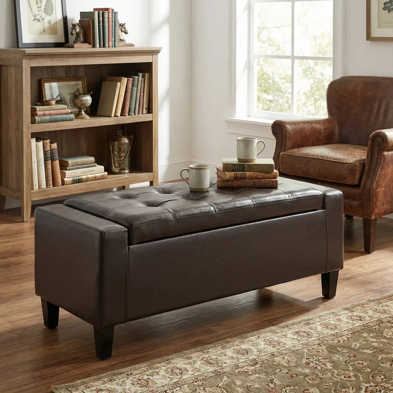 Storage Ottoman Bench, PU Leather, Tufted Design, Brown