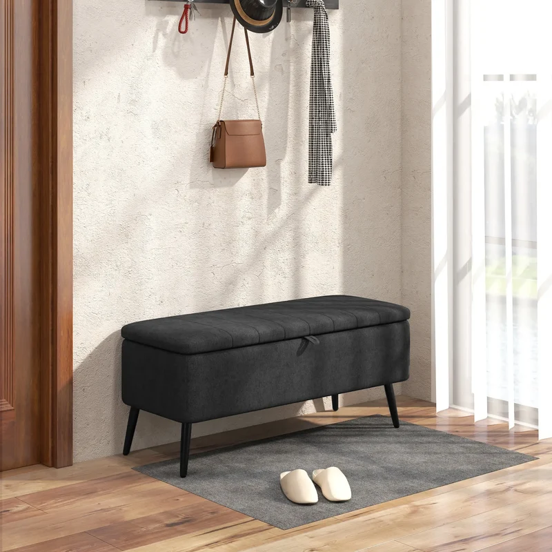 40" Ottoman with Storage, Linen Upholstered Bench, Dark Grey