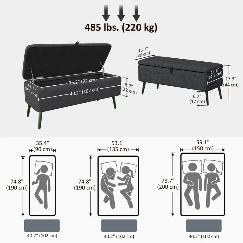 40" Ottoman with Storage, Linen Upholstered Bench, Dark Grey