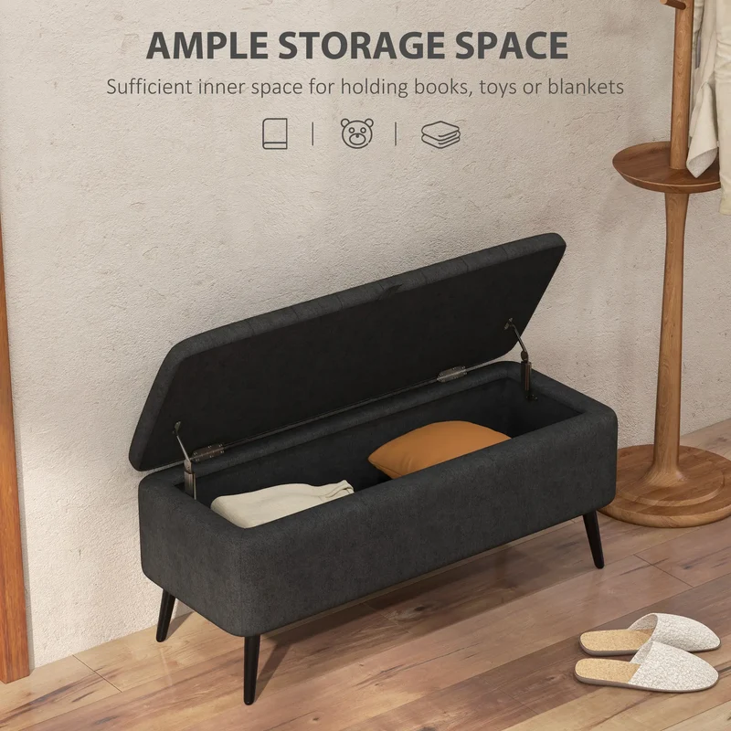 40" Ottoman with Storage, Linen Upholstered Bench, Dark Grey