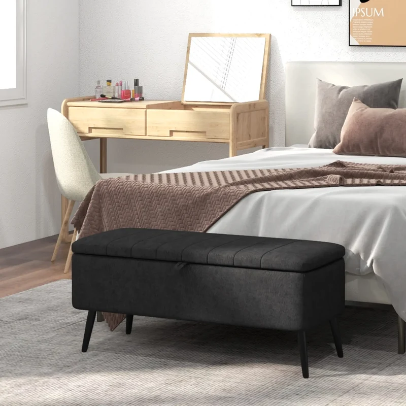 40" Ottoman with Storage, Linen Upholstered Bench, Dark Grey