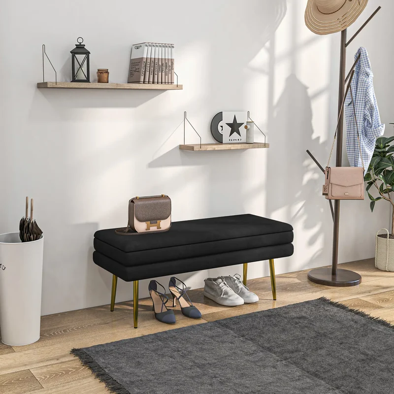 Velvet Upholstered Bench, Thick Padded Seat, Steel Legs, Black