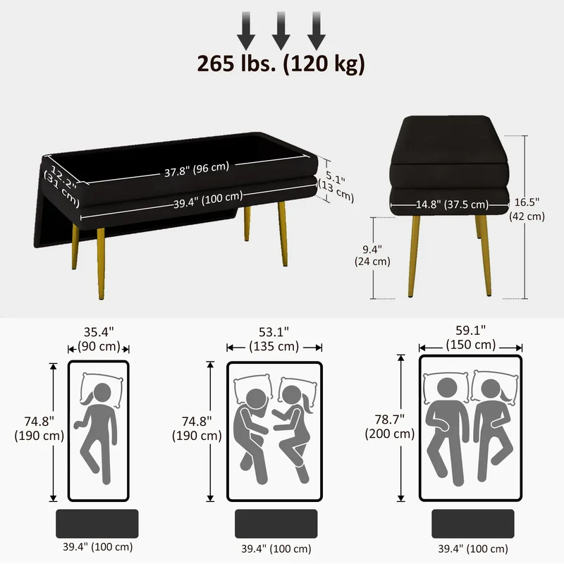 Velvet Upholstered Bench, Thick Padded Seat, Steel Legs, Black